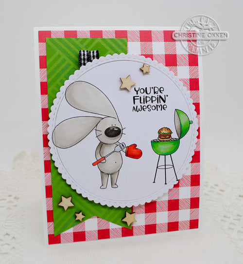 The Cat’s Pajamas Card with Bunny grilling 
